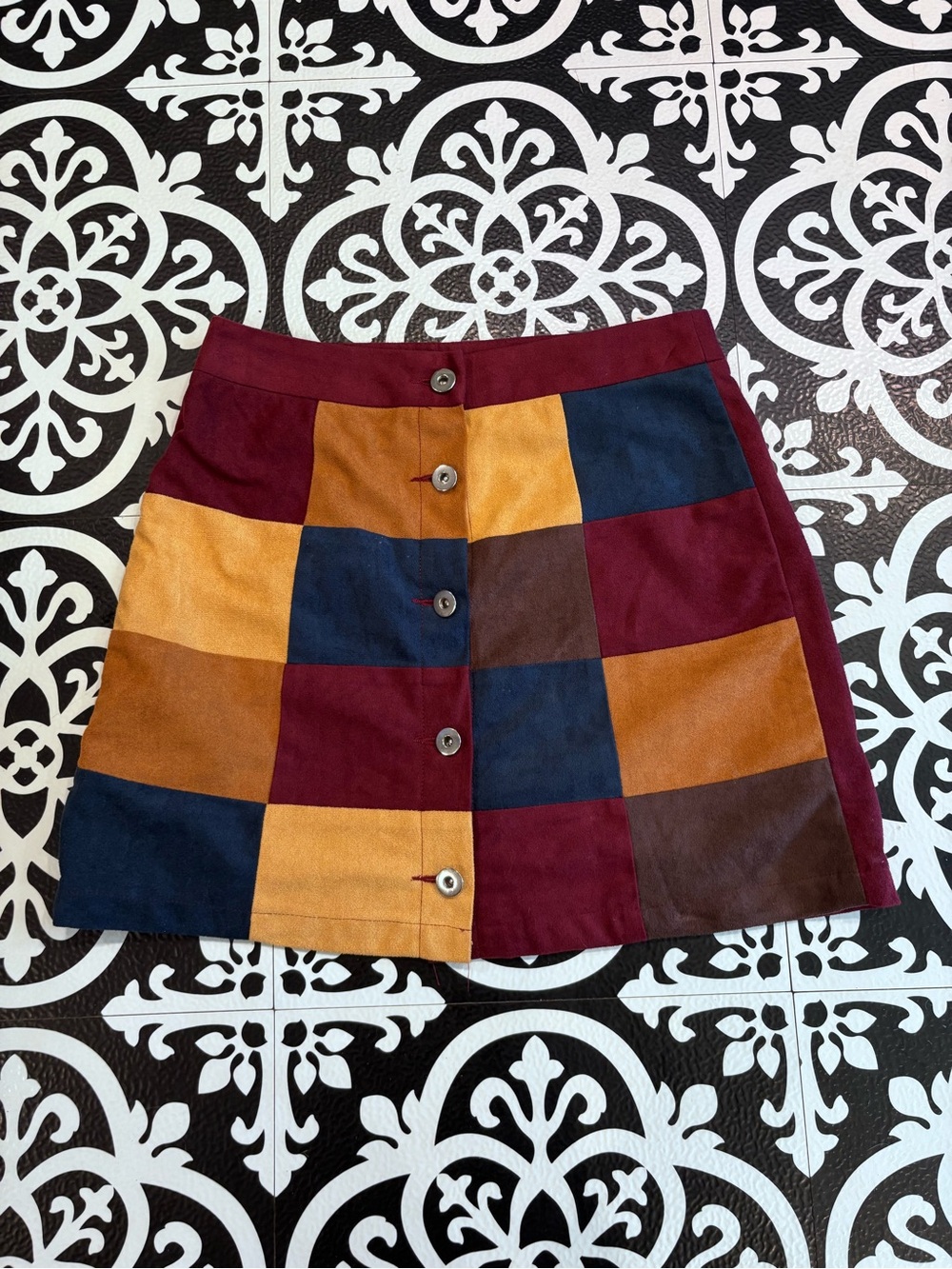 Patchwork A-Line Button-Front Skirt in Burgundy, Navy & Mustard